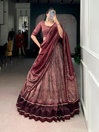 Lorenvalley Fashion Maroon Tasar Silk Kalamkari Print With Lace Border Lehenga Choli with Dupatta | Grocsy