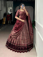 Lorenvalley Fashion Maroon Tasar Silk Kalamkari Print With Lace Border Lehenga Choli with Dupatta | Grocsy