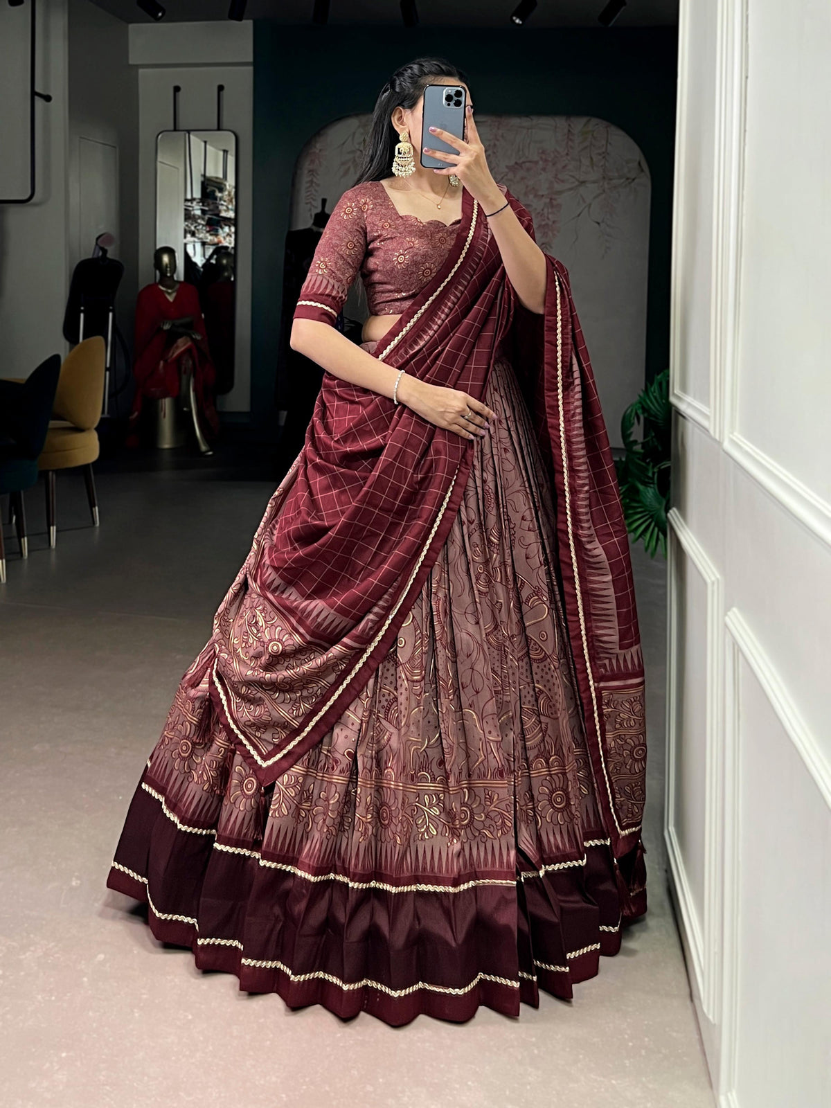 Lorenvalley Fashion Maroon Tasar Silk Kalamkari Print With Lace Border Lehenga Choli with Dupatta | Grocsy