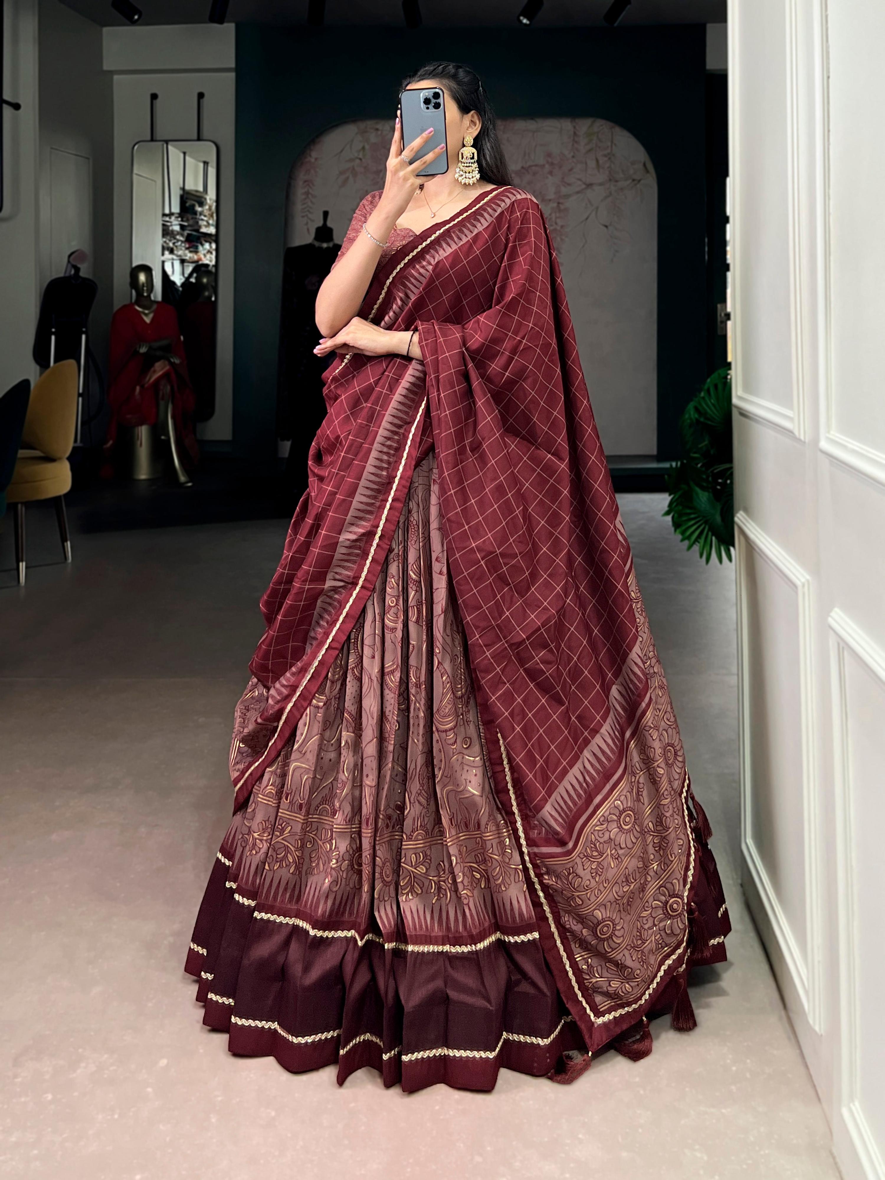 Lorenvalley Fashion Maroon Tasar Silk Kalamkari Print With Lace Border Lehenga Choli with Dupatta | Grocsy