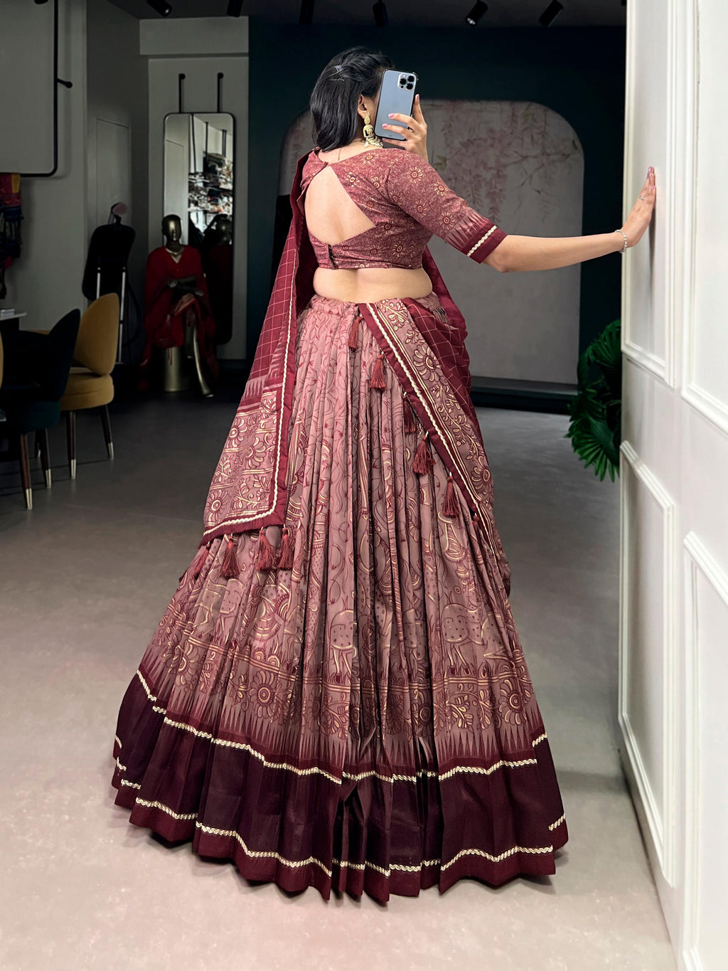 Lorenvalley Fashion Maroon Tasar Silk Kalamkari Print With Lace Border Lehenga Choli with Dupatta | Grocsy