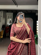 Lorenvalley Fashion Maroon Tasar Silk Kalamkari Print With Lace Border Lehenga Choli with Dupatta | Grocsy