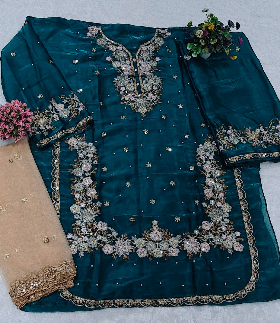 Anaita Teal Jimmy Choo Suit With Embroidery & Sequence Work | Grocsy