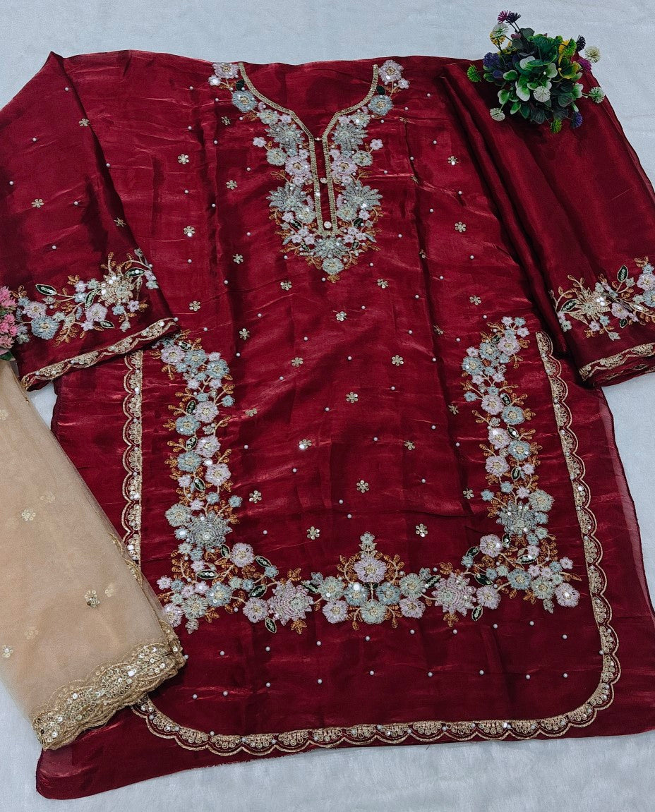 Anaita Maroon Jimmy Choo Suit With Embroidery & Sequence Work | Grocsy