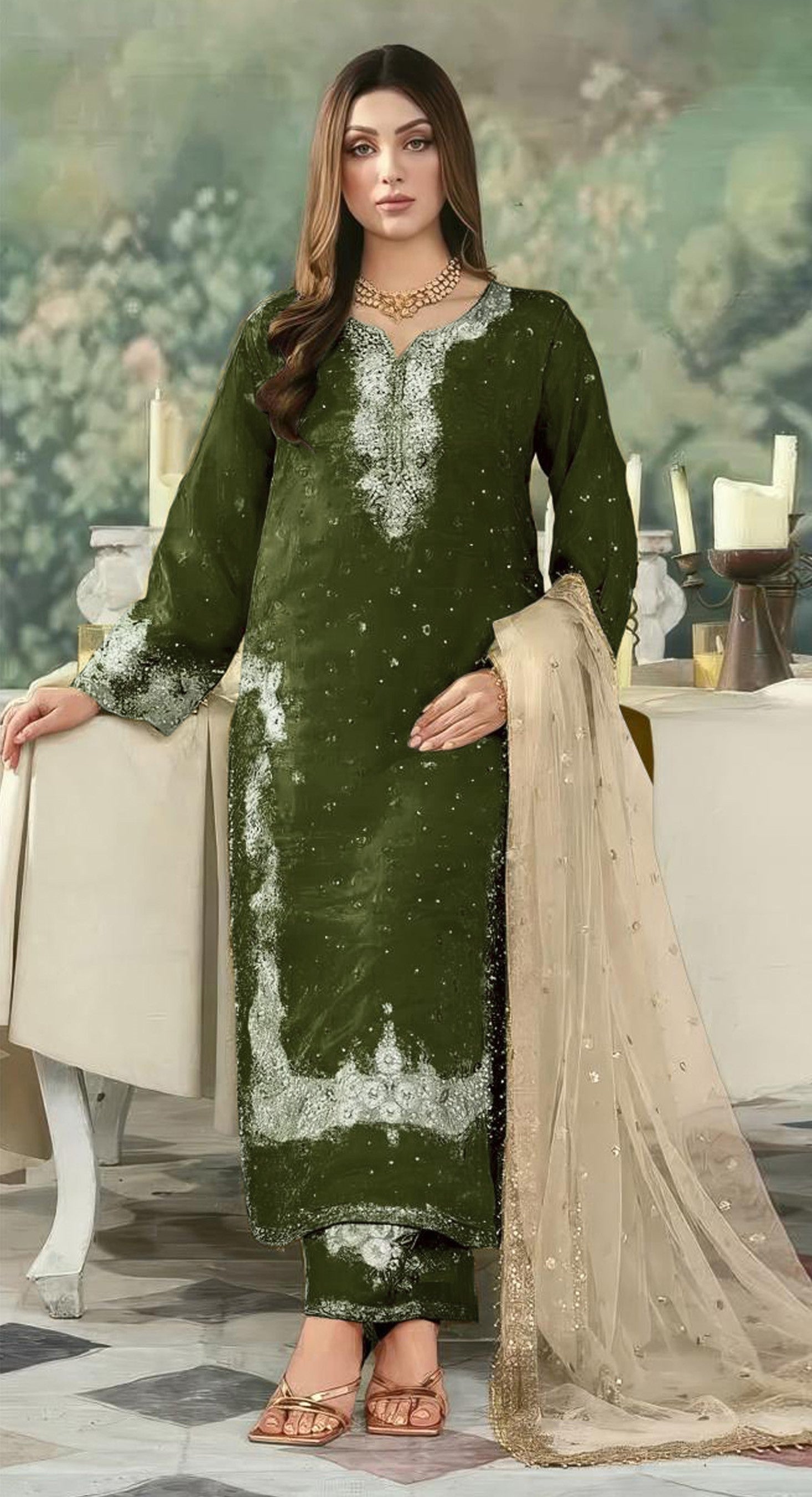 Anaita Mehndi Jimmy Choo Suit With Embroidery & Sequence Work | Grocsy