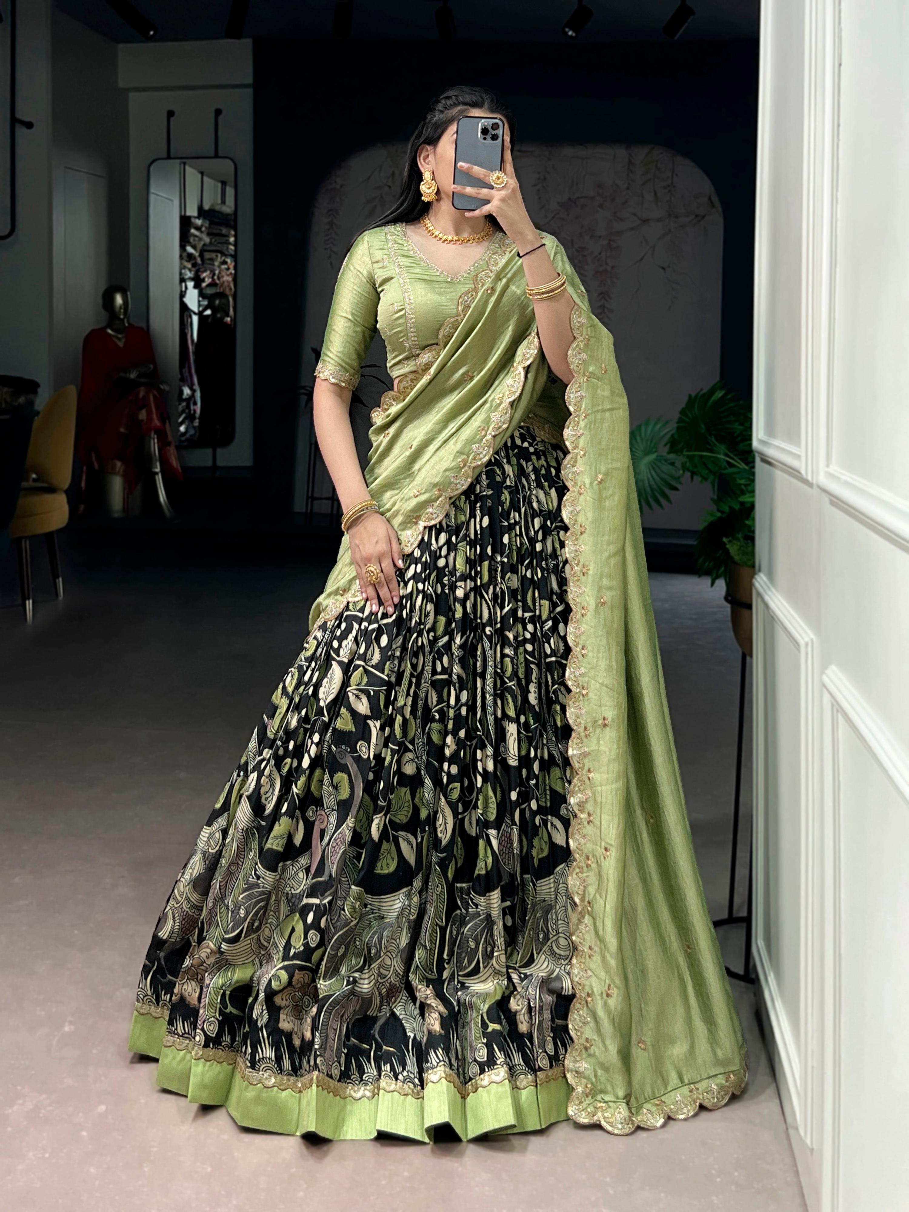 Lorenvalley Fashion Multicolor Tasar Silk Kalamkari Print with Lace Border Lehenga Choli with Dupatta | Grocsy