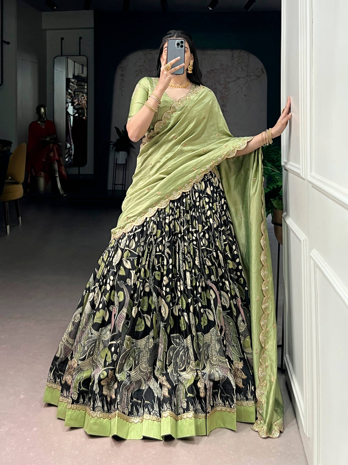 Lorenvalley Fashion Multicolor Tasar Silk Kalamkari Print with Lace Border Lehenga Choli with Dupatta | Grocsy