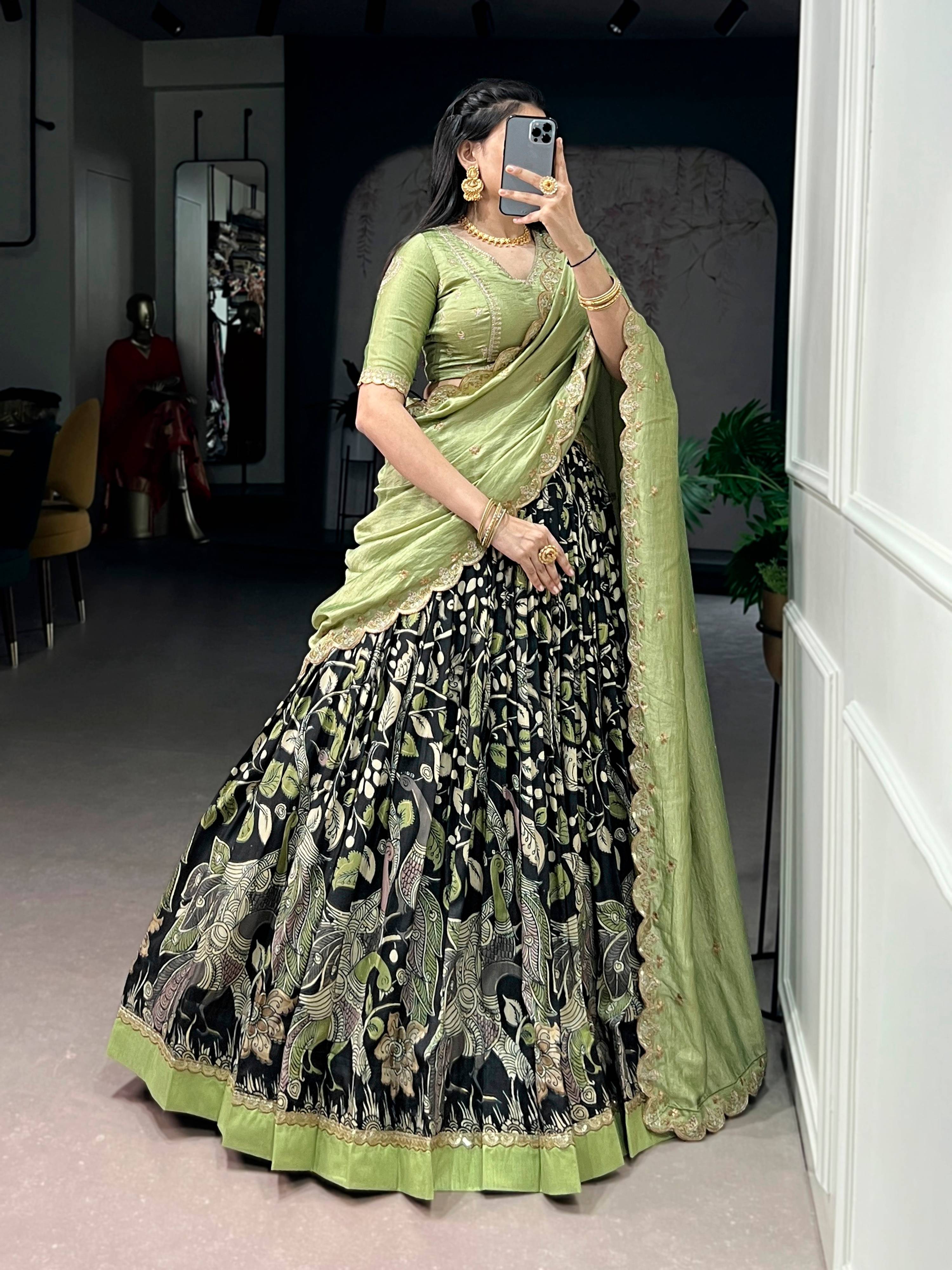 Lorenvalley Fashion Multicolor Tasar Silk Kalamkari Print with Lace Border Lehenga Choli with Dupatta | Grocsy