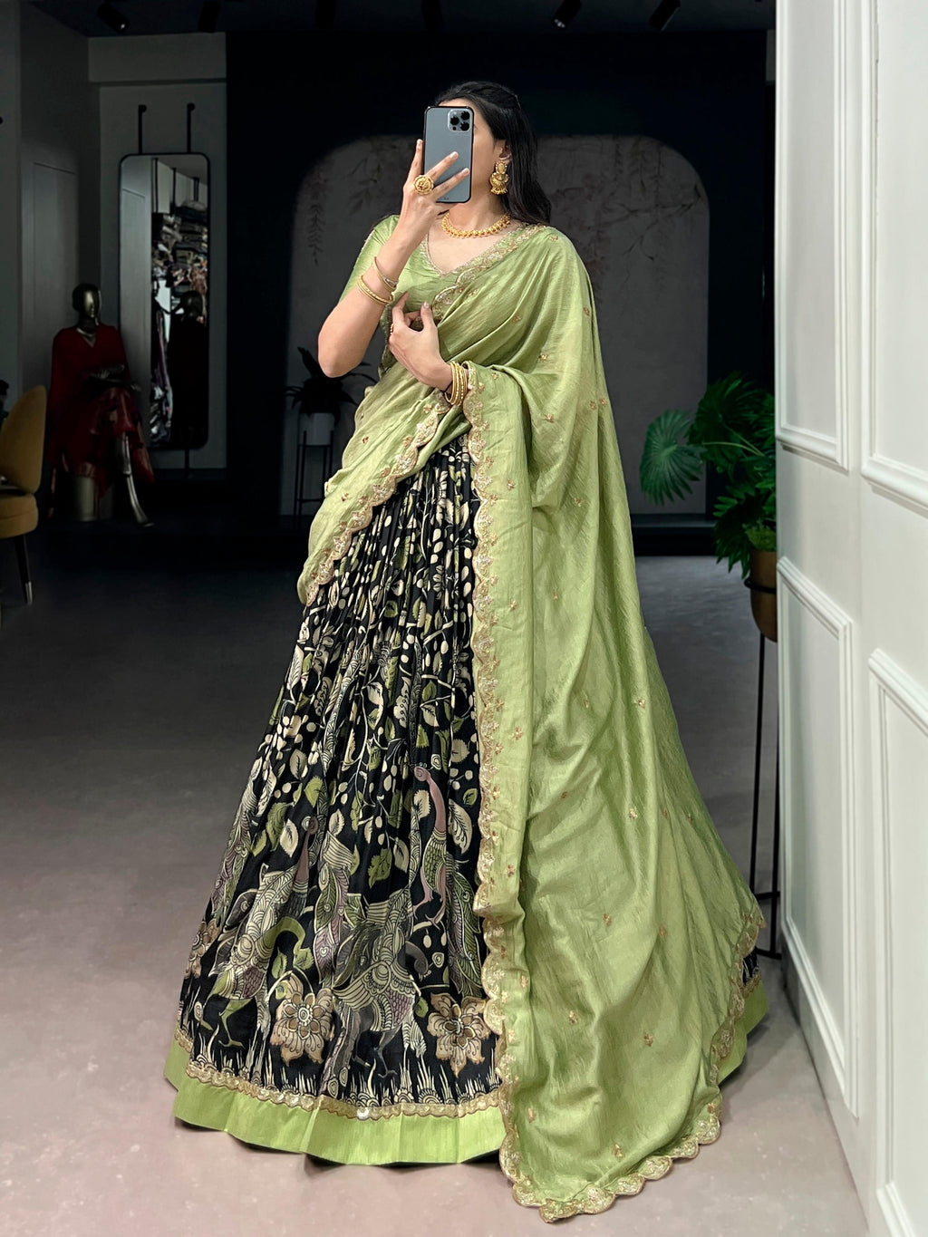 Lorenvalley Fashion Multicolor Tasar Silk Kalamkari Print with Lace Border Lehenga Choli with Dupatta | Grocsy