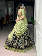 Lorenvalley Fashion Multicolor Tasar Silk Kalamkari Print with Lace Border Lehenga Choli with Dupatta | Grocsy