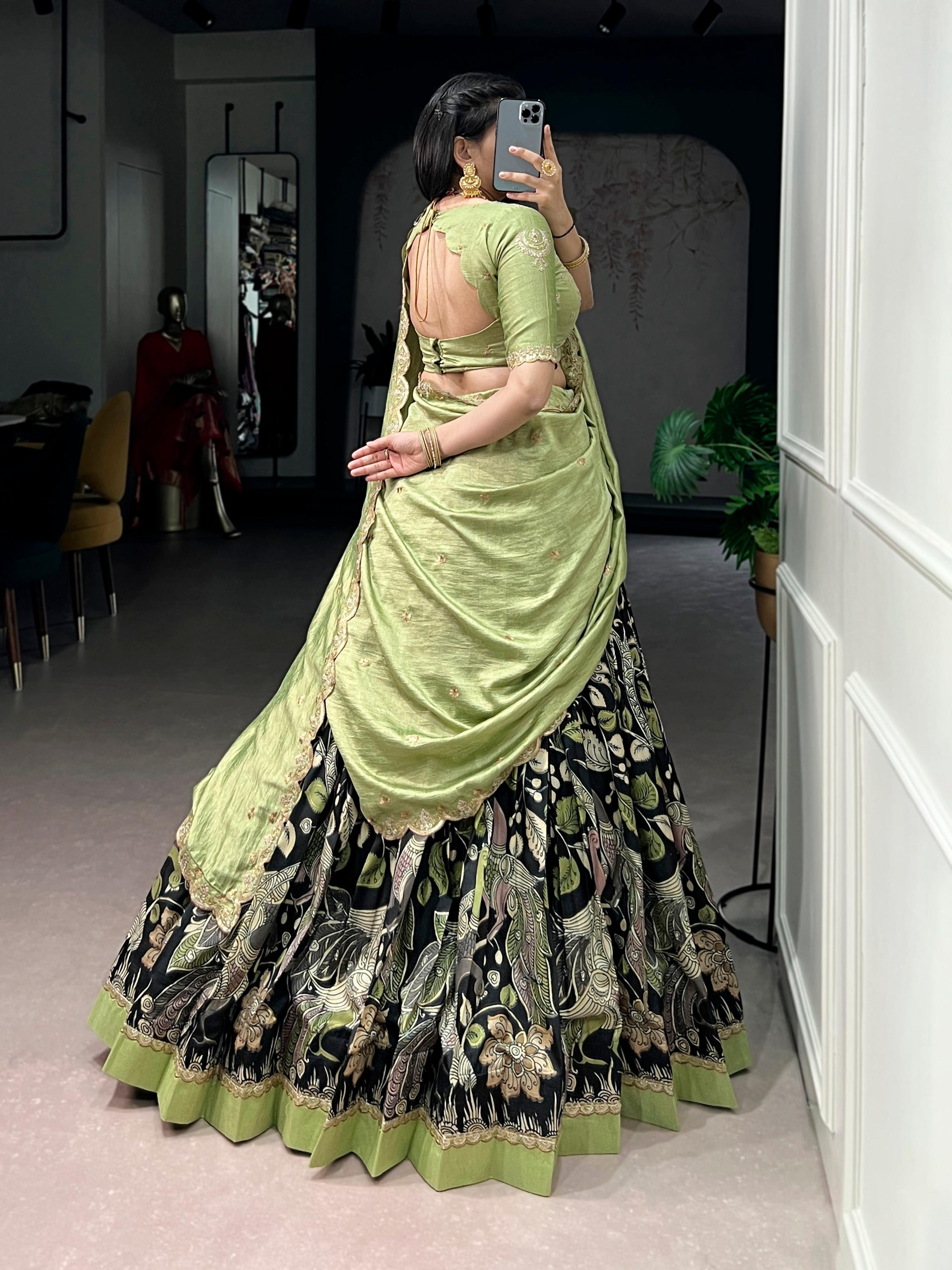 Lorenvalley Fashion Multicolor Tasar Silk Kalamkari Print with Lace Border Lehenga Choli with Dupatta | Grocsy