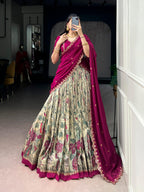 Lorenvalley Fashion Multicolor Tasar Silk Kalamkari Print with Lace Border Lehenga Choli with Dupatta | Grocsy