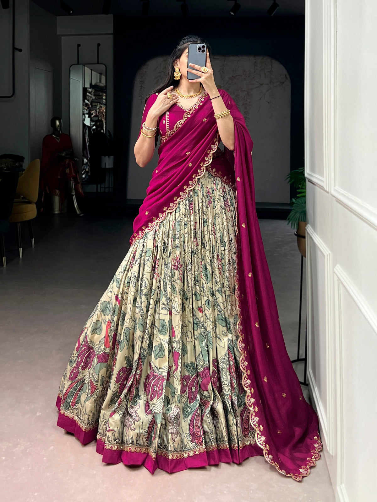 Lorenvalley Fashion Multicolor Tasar Silk Kalamkari Print with Lace Border Lehenga Choli with Dupatta | Grocsy