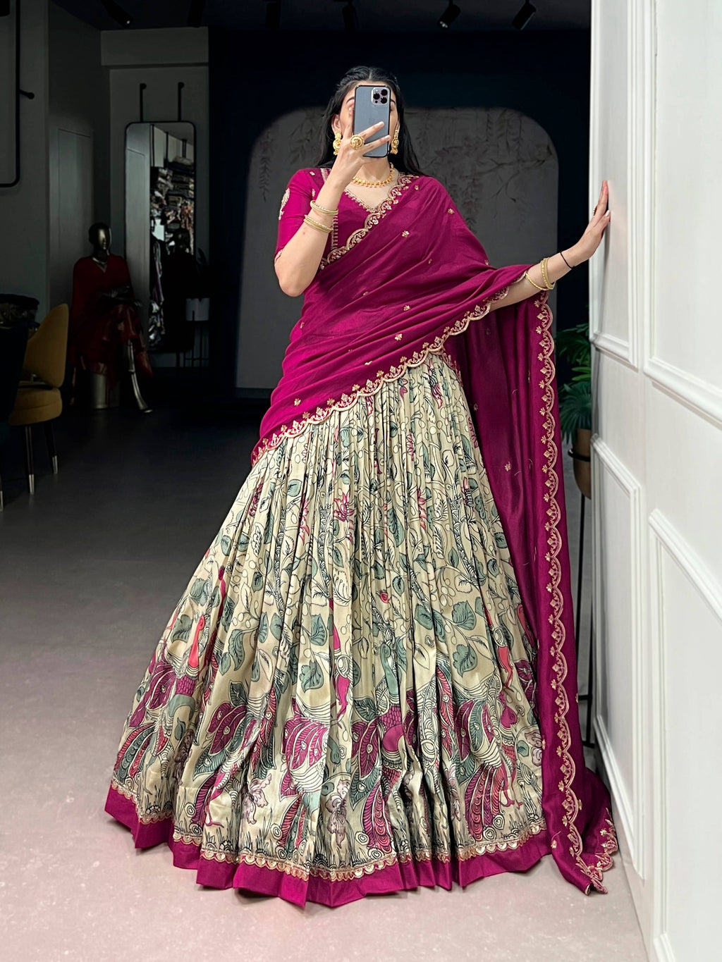 Lorenvalley Fashion Multicolor Tasar Silk Kalamkari Print with Lace Border Lehenga Choli with Dupatta | Grocsy