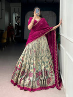 Lorenvalley Fashion Multicolor Tasar Silk Kalamkari Print with Lace Border Lehenga Choli with Dupatta | Grocsy