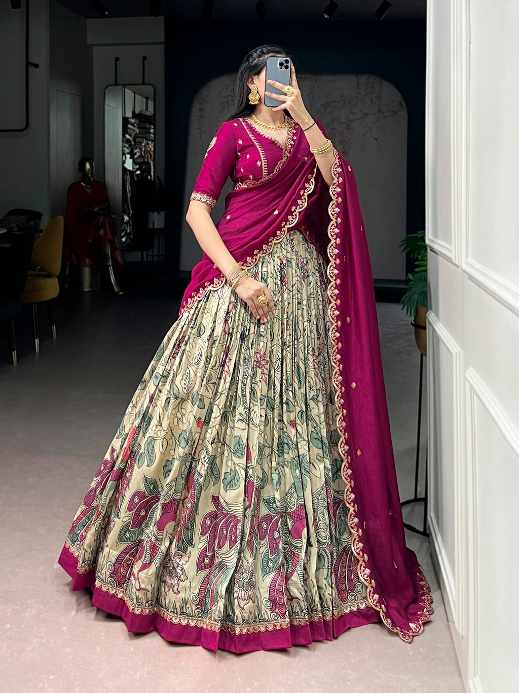 Lorenvalley Fashion Multicolor Tasar Silk Kalamkari Print with Lace Border Lehenga Choli with Dupatta | Grocsy