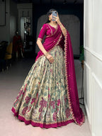 Lorenvalley Fashion Multicolor Tasar Silk Kalamkari Print with Lace Border Lehenga Choli with Dupatta | Grocsy