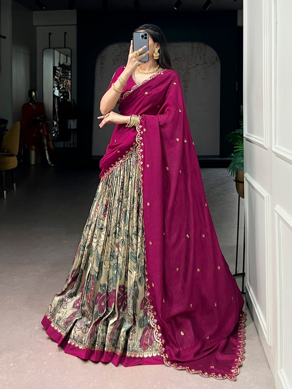 Lorenvalley Fashion Multicolor Tasar Silk Kalamkari Print with Lace Border Lehenga Choli with Dupatta | Grocsy