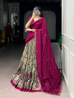 Lorenvalley Fashion Multicolor Tasar Silk Kalamkari Print with Lace Border Lehenga Choli with Dupatta | Grocsy