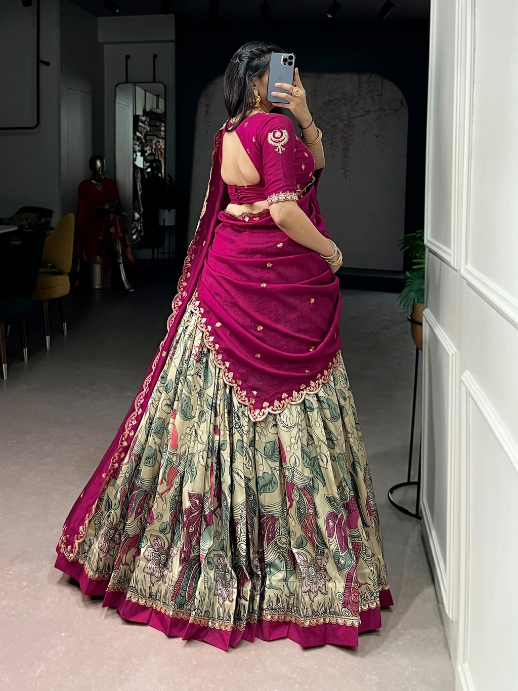 Lorenvalley Fashion Multicolor Tasar Silk Kalamkari Print with Lace Border Lehenga Choli with Dupatta | Grocsy