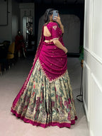 Lorenvalley Fashion Multicolor Tasar Silk Kalamkari Print with Lace Border Lehenga Choli with Dupatta | Grocsy