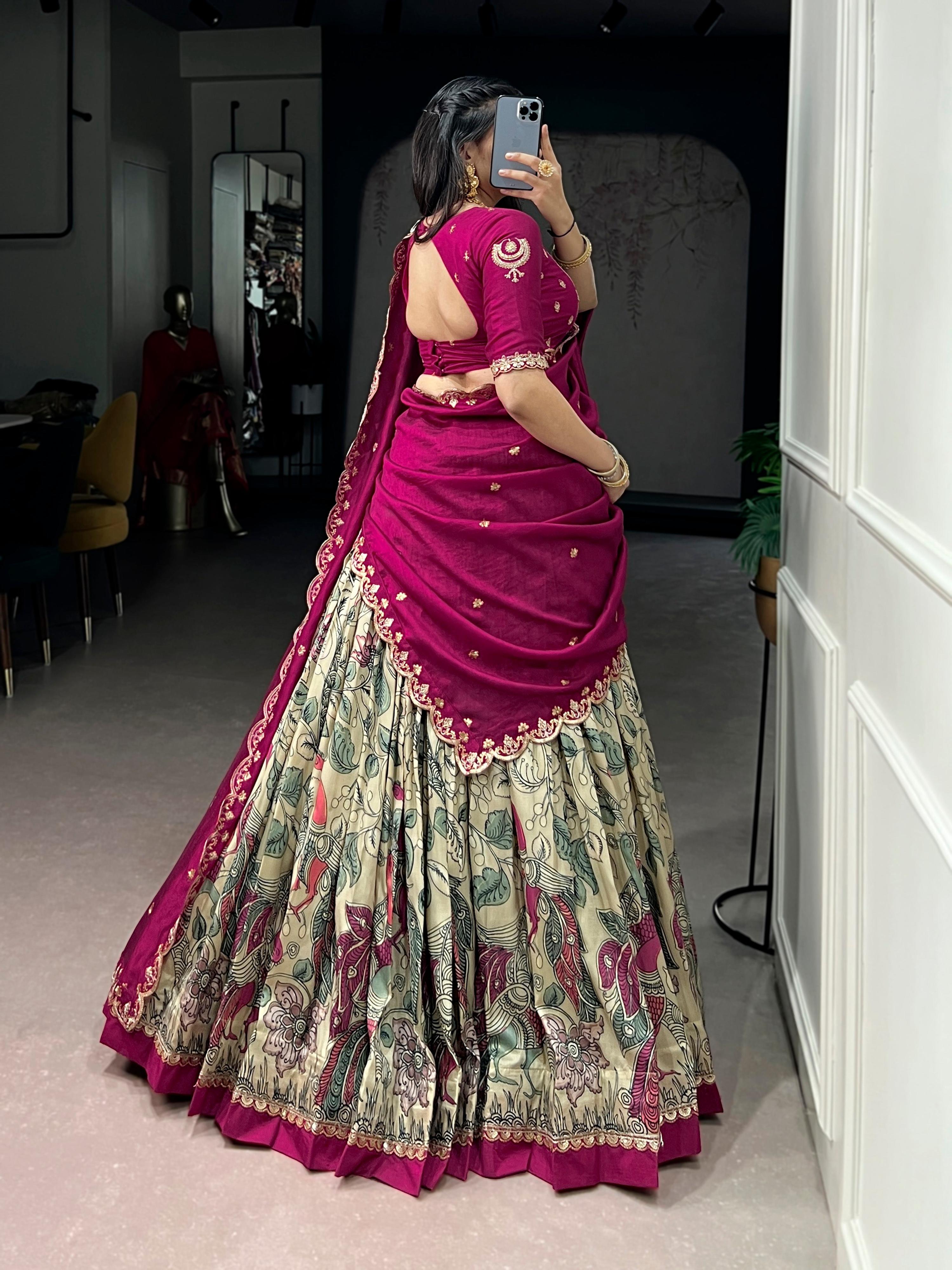 Lorenvalley Fashion Multicolor Tasar Silk Kalamkari Print with Lace Border Lehenga Choli with Dupatta | Grocsy