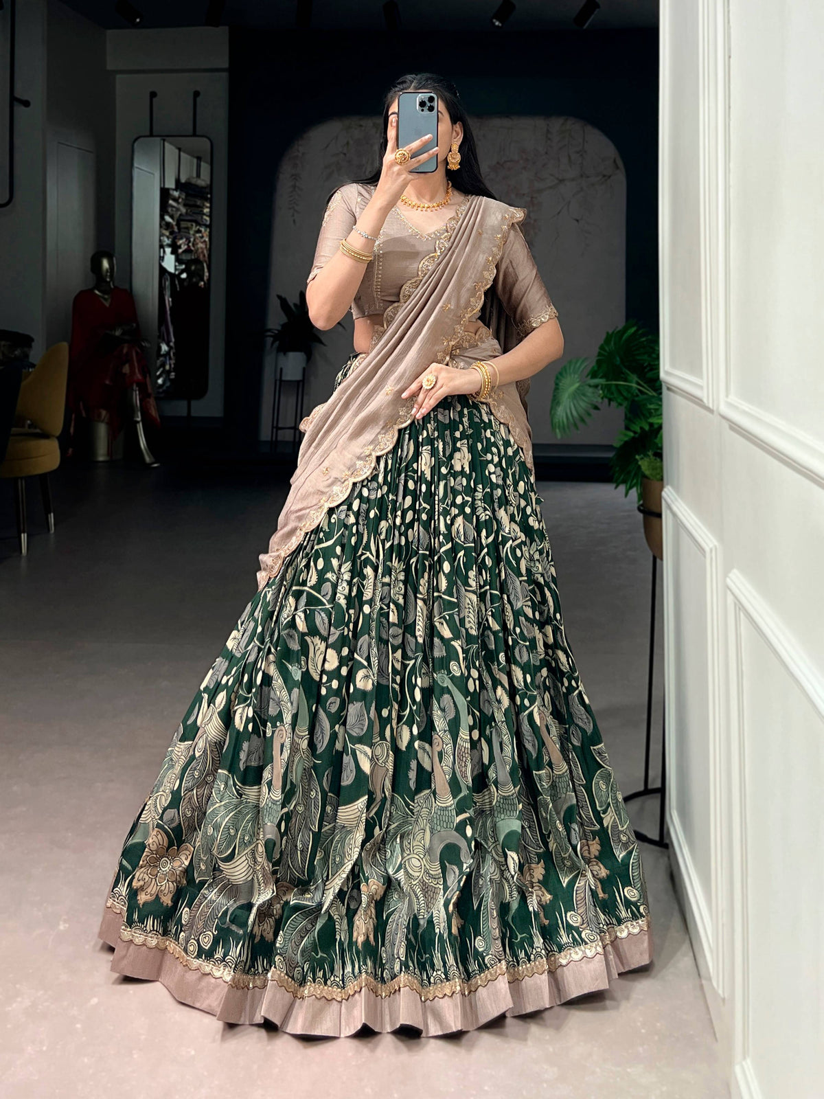 Lorenvalley Fashion Multicolor Tasar Silk Kalamkari Print with Lace Border Lehenga Choli with Dupatta | Grocsy