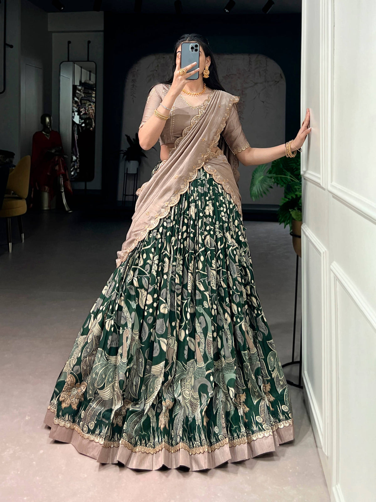 Lorenvalley Fashion Multicolor Tasar Silk Kalamkari Print with Lace Border Lehenga Choli with Dupatta | Grocsy