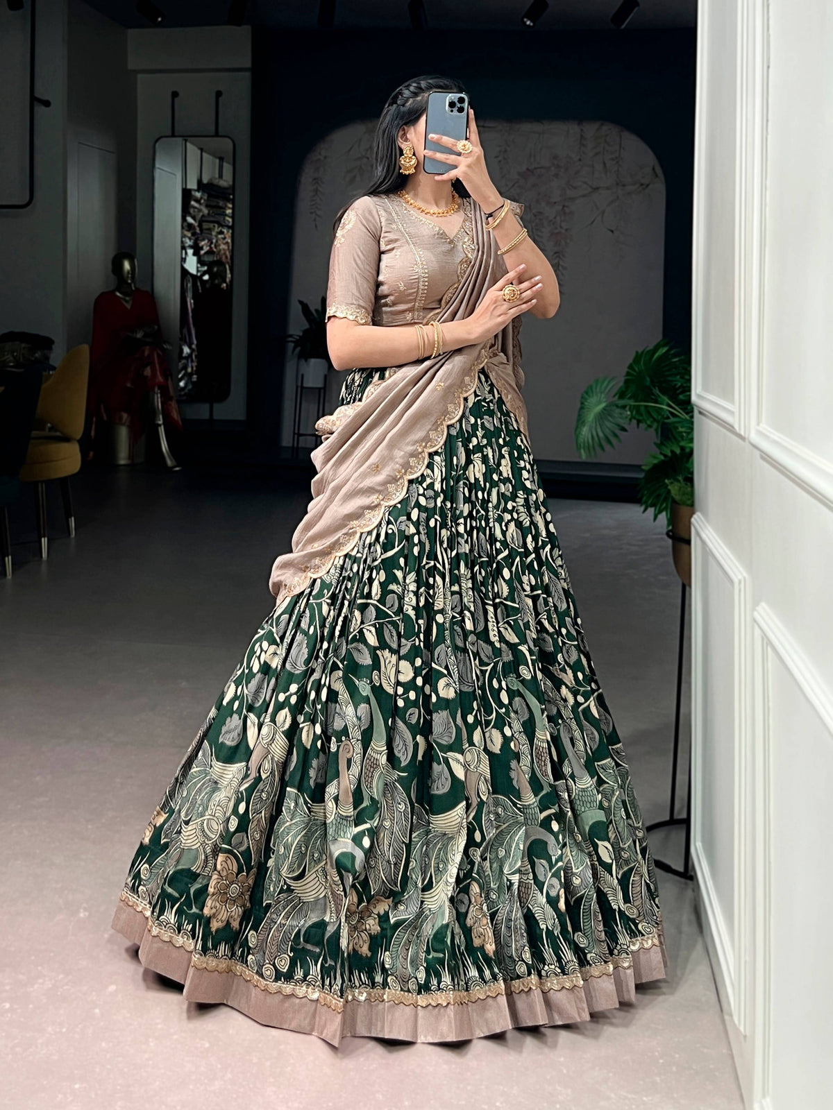 Lorenvalley Fashion Multicolor Tasar Silk Kalamkari Print with Lace Border Lehenga Choli with Dupatta | Grocsy