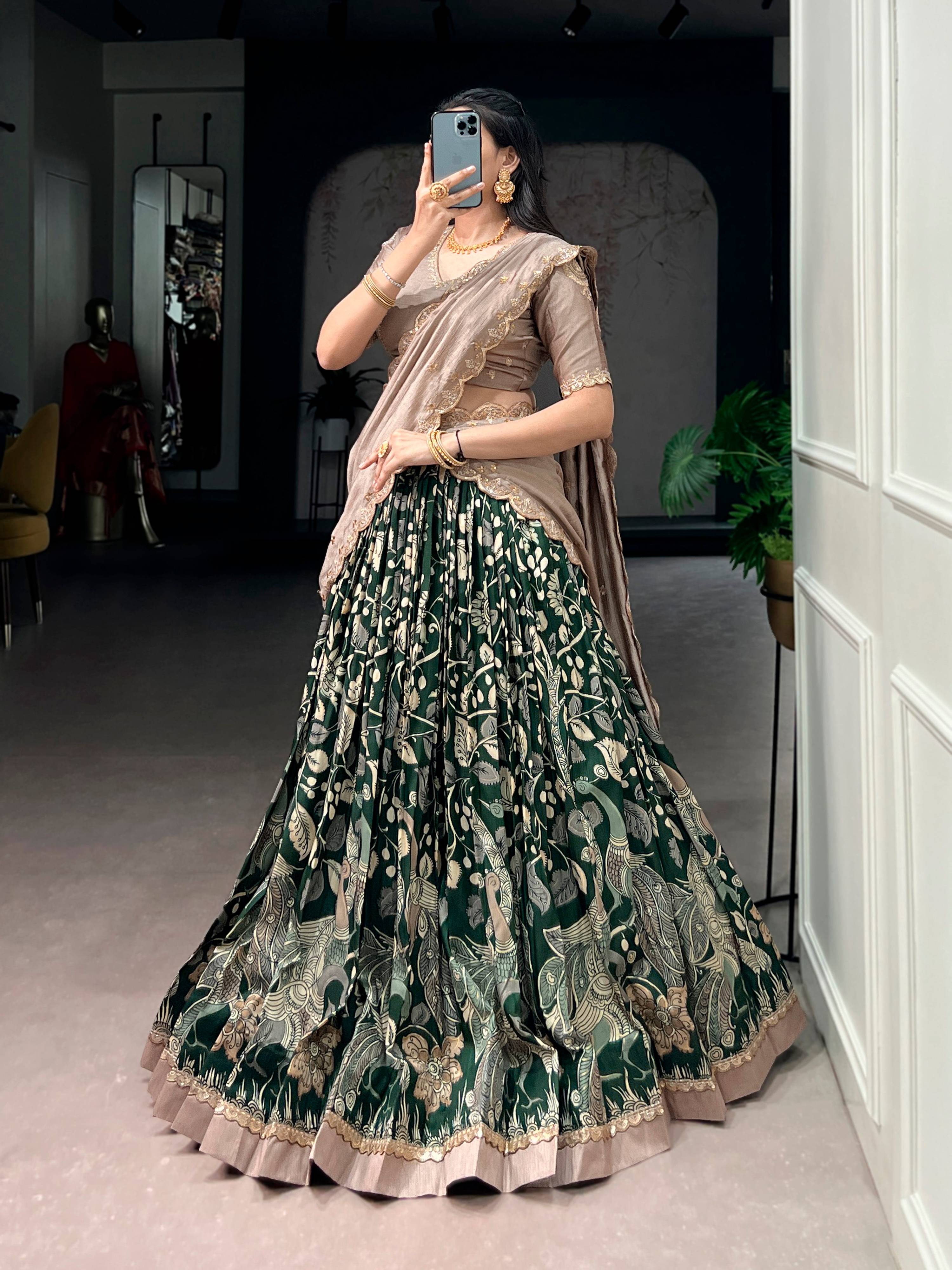 Lorenvalley Fashion Multicolor Tasar Silk Kalamkari Print with Lace Border Lehenga Choli with Dupatta | Grocsy