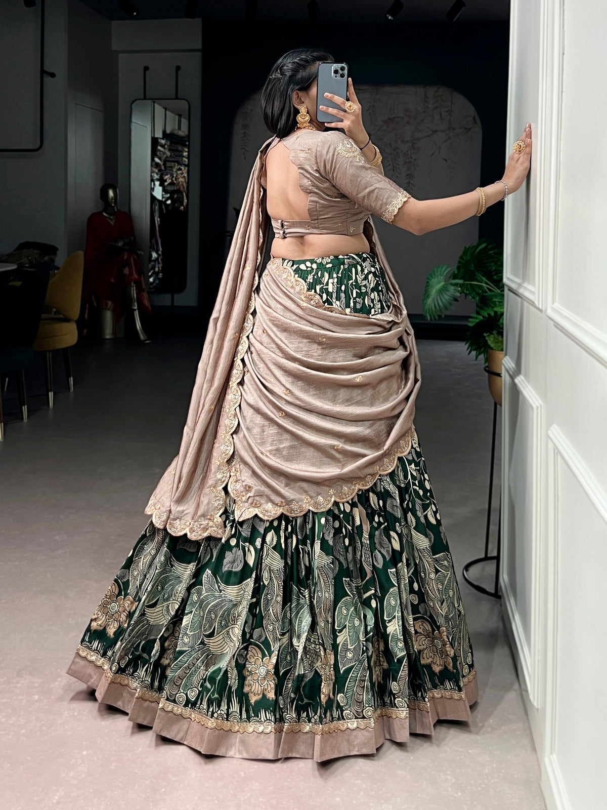 Lorenvalley Fashion Multicolor Tasar Silk Kalamkari Print with Lace Border Lehenga Choli with Dupatta | Grocsy