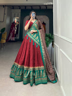 Lorenvalley Fashion Red Tasar Silk Print With Foil Print Lehenga Choli with Dupatta | Grocsy