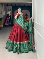 Lorenvalley Fashion Red Tasar Silk Print With Foil Print Lehenga Choli with Dupatta | Grocsy