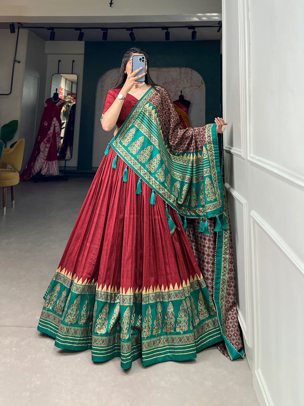 Lorenvalley Fashion Red Tasar Silk Print With Foil Print Lehenga Choli with Dupatta | Grocsy