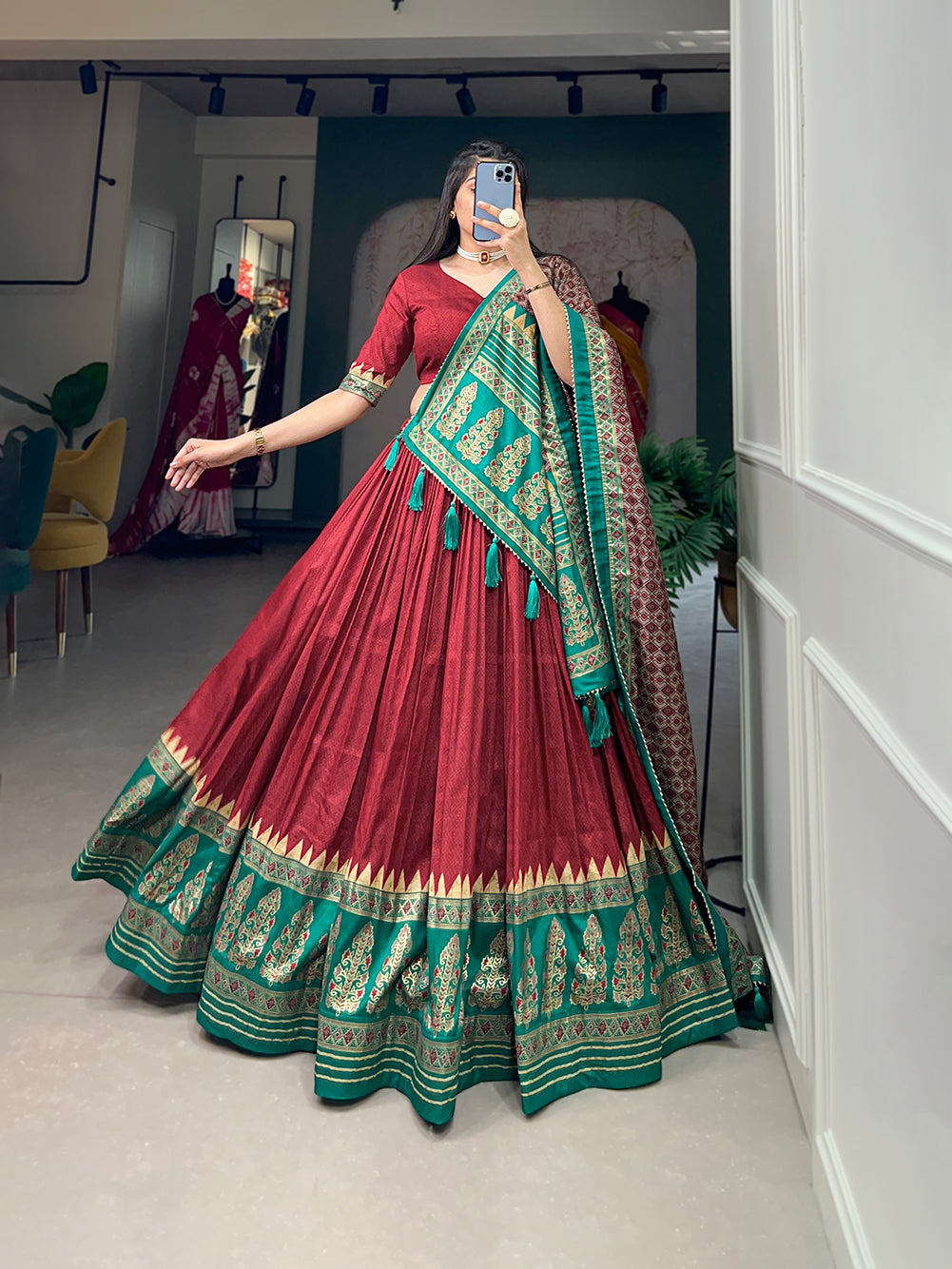 Lorenvalley Fashion Red Tasar Silk Print With Foil Print Lehenga Choli with Dupatta | Grocsy