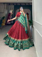 Lorenvalley Fashion Red Tasar Silk Print With Foil Print Lehenga Choli with Dupatta | Grocsy