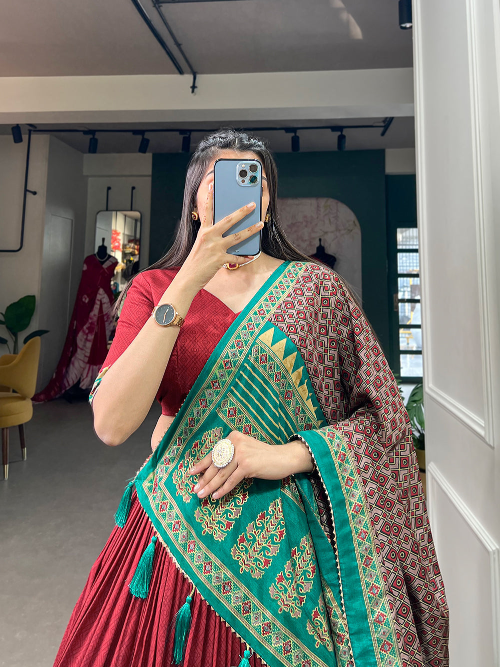 Lorenvalley Fashion Red Tasar Silk Print With Foil Print Lehenga Choli with Dupatta | Grocsy