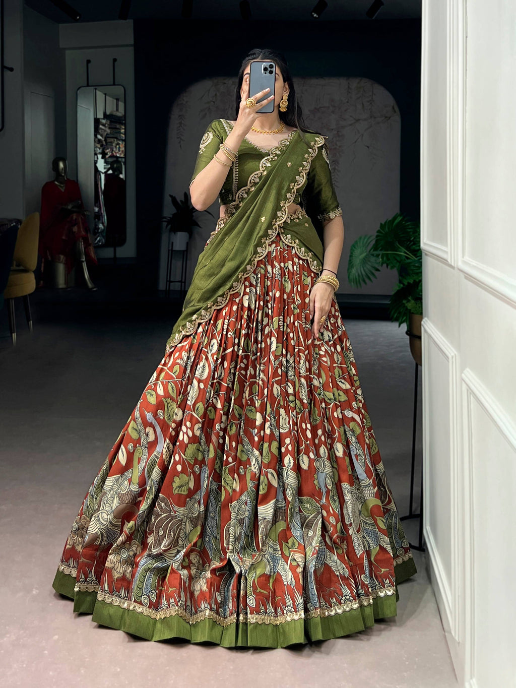 Lorenvalley Fashion Multicolor Tasar Silk Kalamkari Print with Lace Border Lehenga Choli with Dupatta | Grocsy