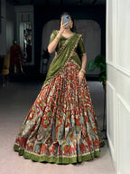 Lorenvalley Fashion Multicolor Tasar Silk Kalamkari Print with Lace Border Lehenga Choli with Dupatta | Grocsy