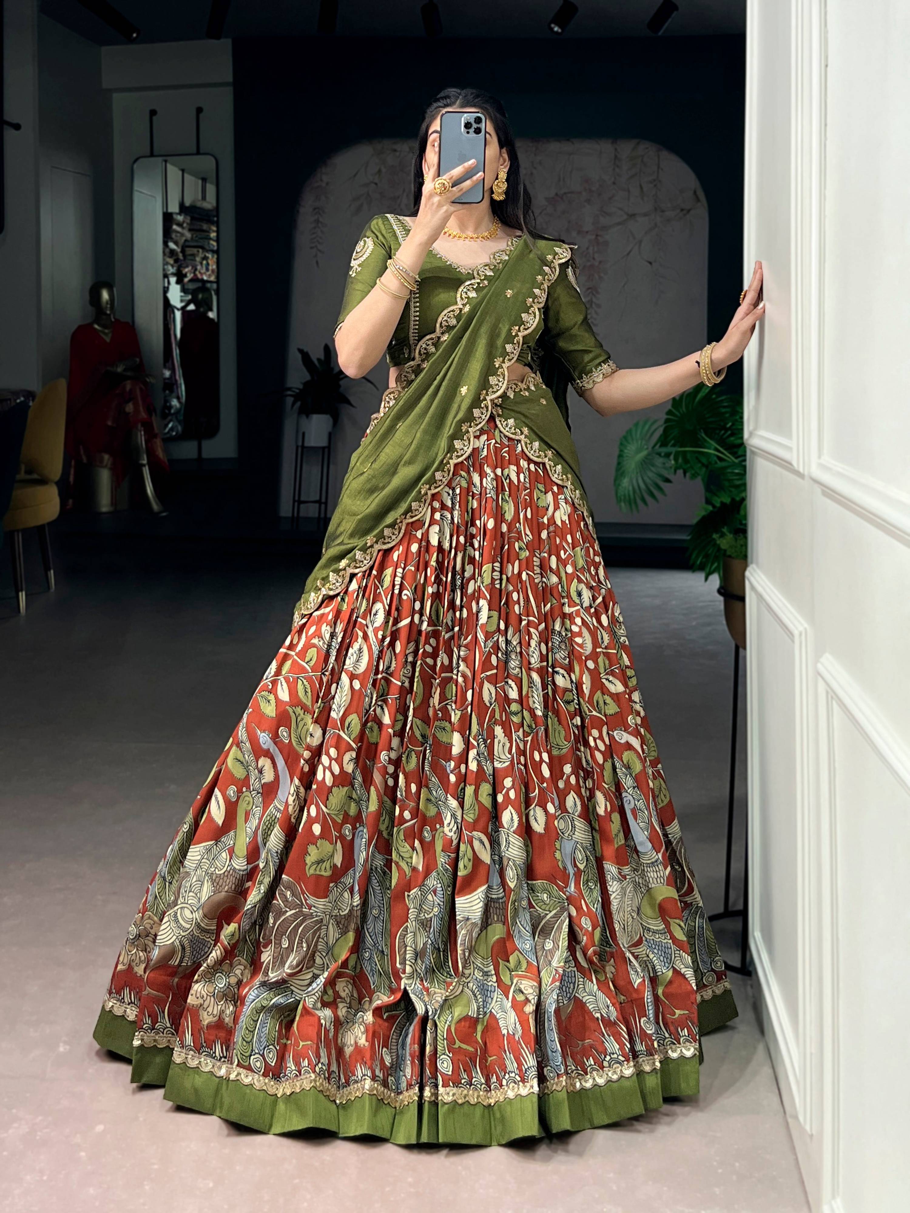 Lorenvalley Fashion Multicolor Tasar Silk Kalamkari Print with Lace Border Lehenga Choli with Dupatta | Grocsy