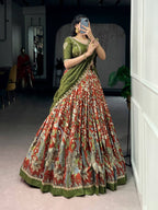 Lorenvalley Fashion Multicolor Tasar Silk Kalamkari Print with Lace Border Lehenga Choli with Dupatta | Grocsy