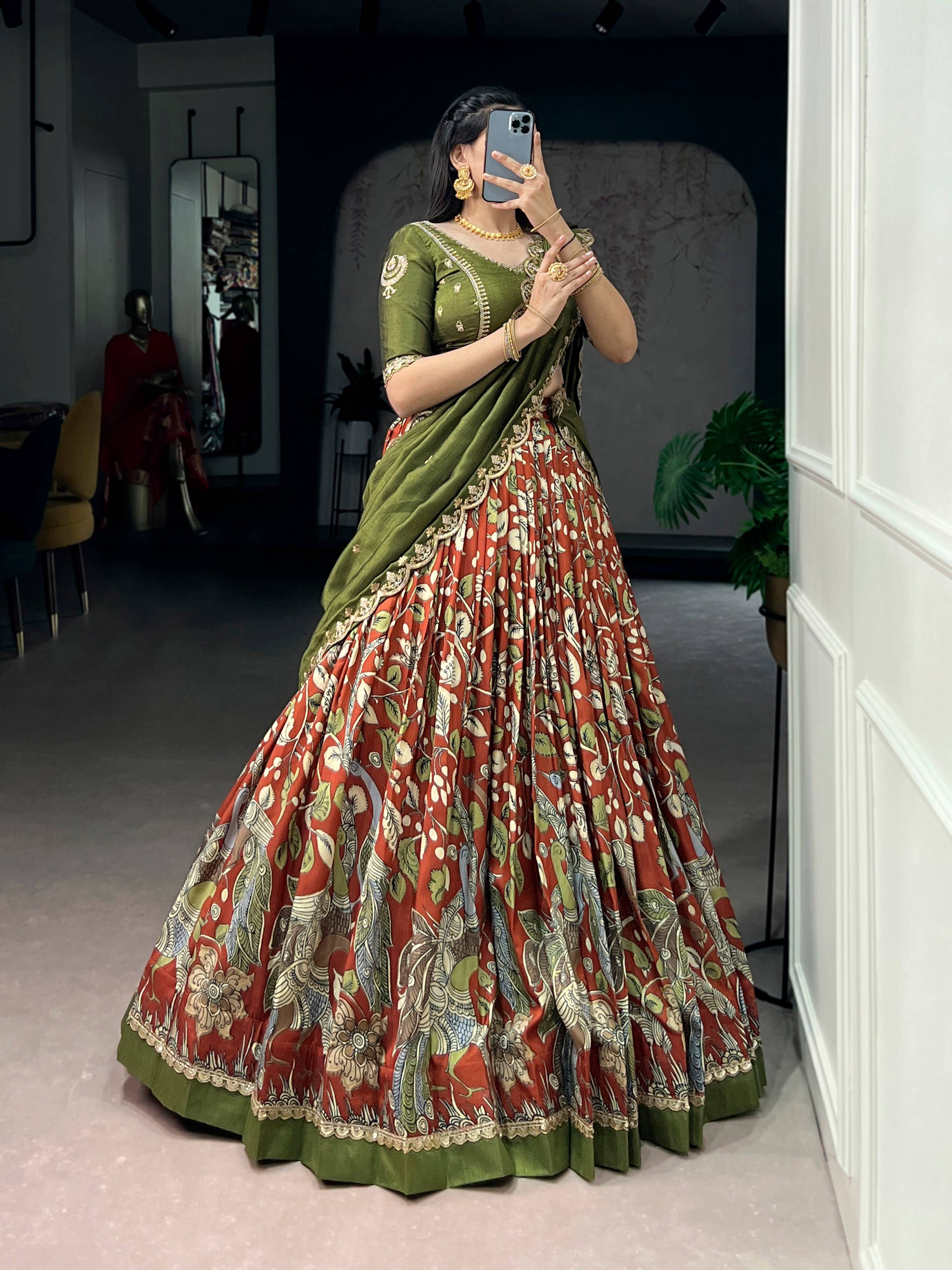 Lorenvalley Fashion Multicolor Tasar Silk Kalamkari Print with Lace Border Lehenga Choli with Dupatta | Grocsy