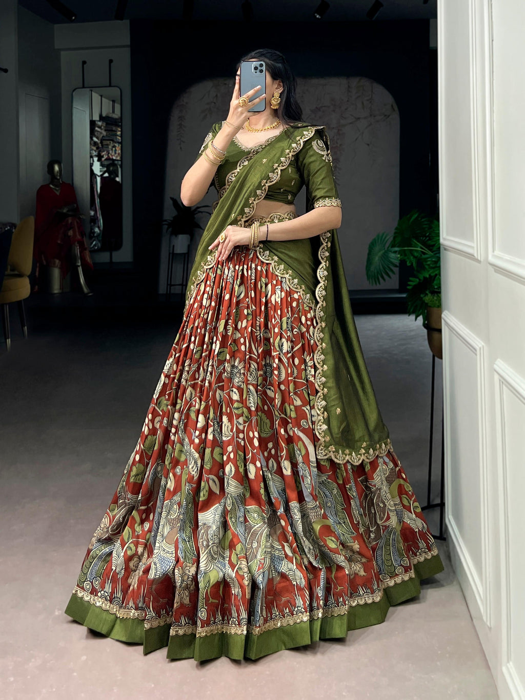Lorenvalley Fashion Multicolor Tasar Silk Kalamkari Print with Lace Border Lehenga Choli with Dupatta | Grocsy