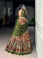 Lorenvalley Fashion Multicolor Tasar Silk Kalamkari Print with Lace Border Lehenga Choli with Dupatta | Grocsy