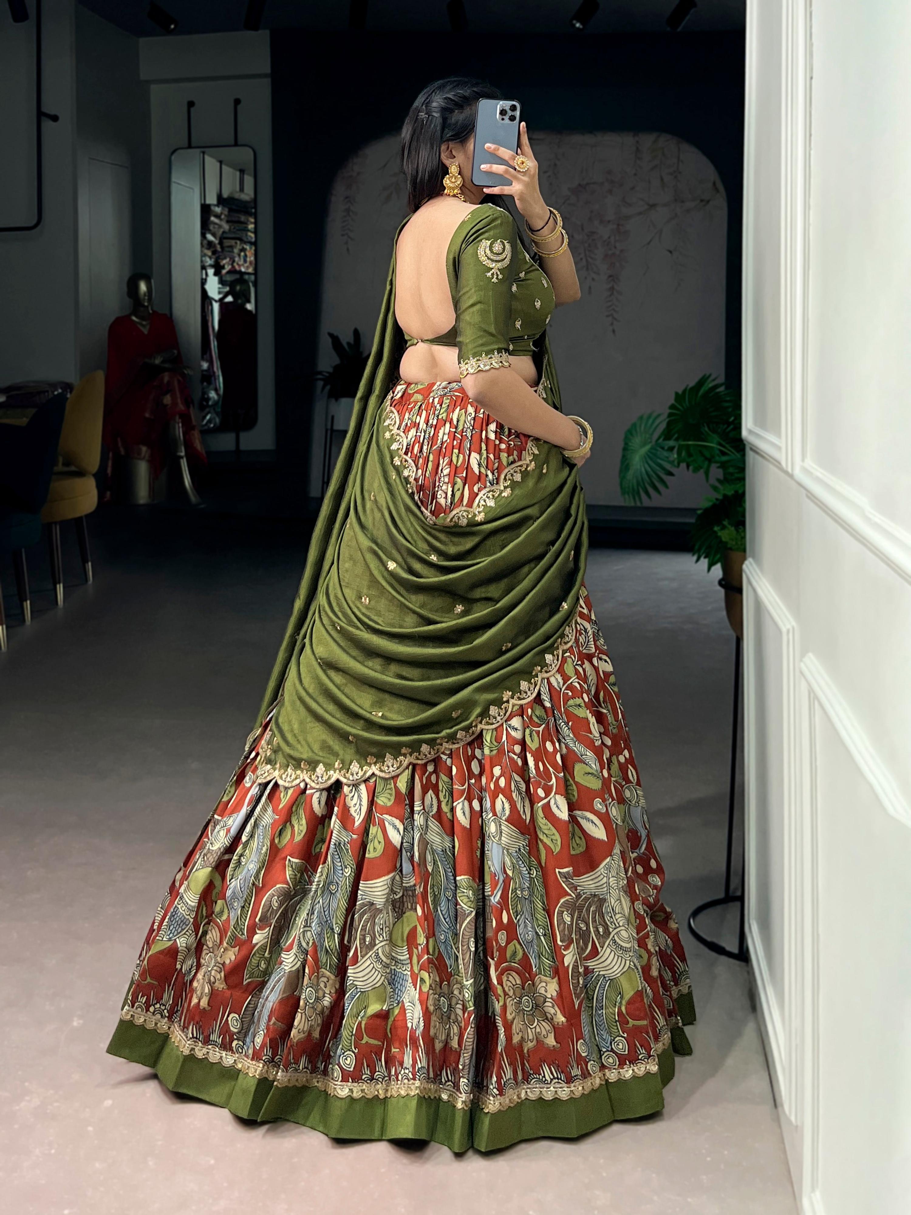 Lorenvalley Fashion Multicolor Tasar Silk Kalamkari Print with Lace Border Lehenga Choli with Dupatta | Grocsy