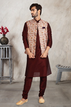 Raivat Ethnic Art Banarasi Silk Printed Work 3 Pics Jacket Set In Cream Colour | Grocsy