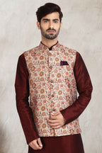 Raivat Ethnic Art Banarasi Silk Printed Work 3 Pics Jacket Set In Cream Colour | Grocsy