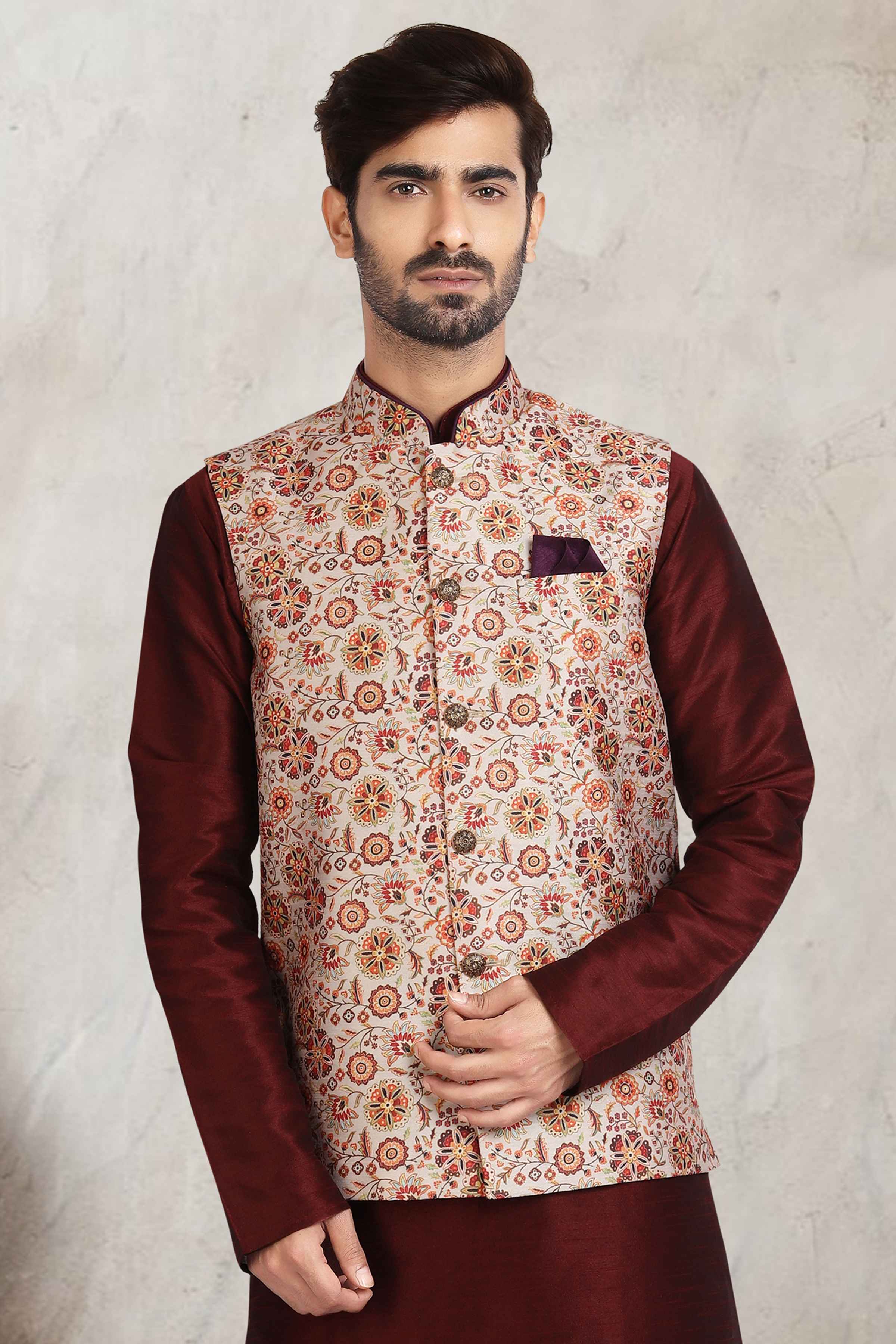 Raivat Ethnic Art Banarasi Silk Printed Work 3 Pics Jacket Set In Cream Colour | Grocsy