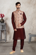 Raivat Ethnic Art Banarasi Silk Printed Work 3 Pics Jacket Set In Cream Colour | Grocsy
