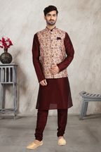 Raivat Ethnic Art Banarasi Silk Printed Work 3 Pics Jacket Set In Cream Colour | Grocsy